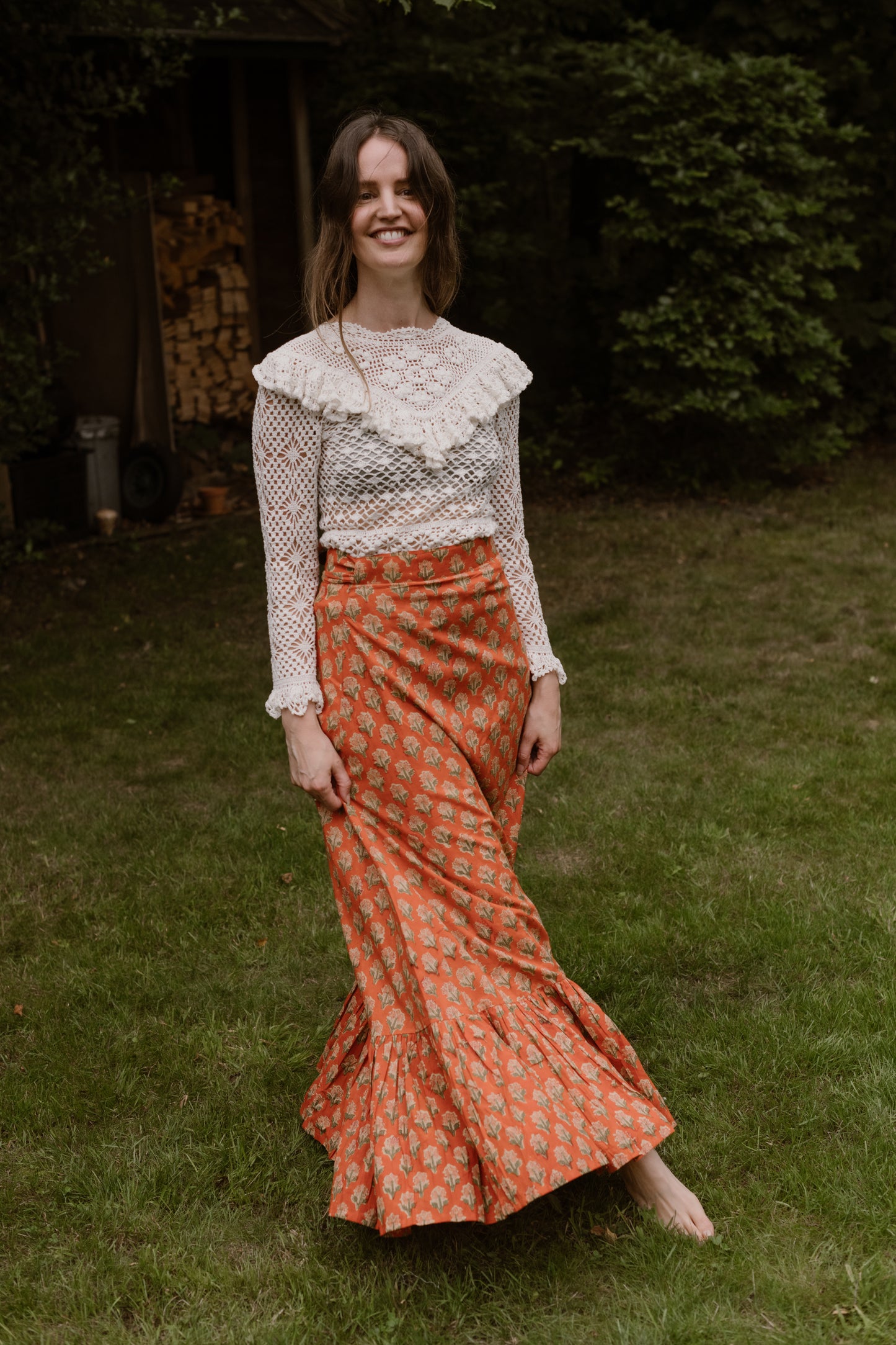 vooraanzicht wikkelrok oranje 